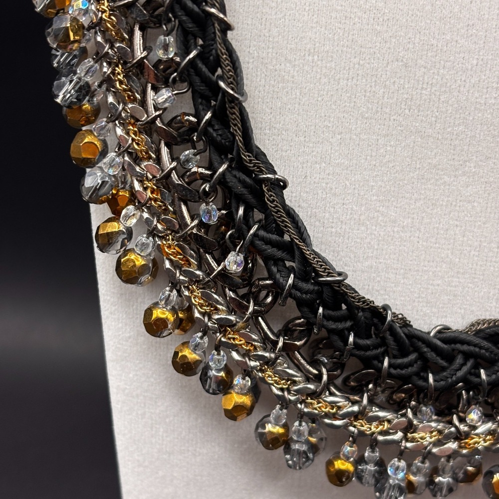 Vintage Y2K Black Cord Chain Dangle Beaded Statement Necklace Mixed Metal Boho - Picture 7 of 12